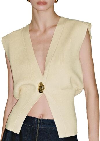 Women's Sweater Vest Sleeveless V-Neck Knit Tops Lightweight with Gold Leaf Button Down Cardigans in Saudi Arabia