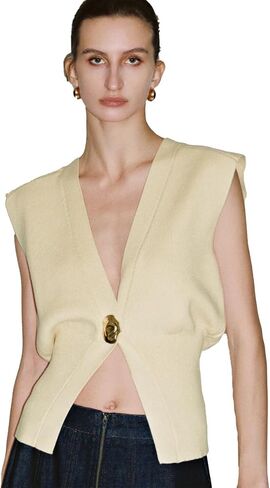 Women's Sweater Vest Sleeveless V-Neck Knit Tops Lightweight with Gold Leaf Button Down Cardigans in Saudi Arabia