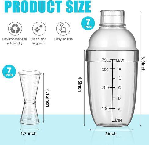 7 Pcs Plastic Cocktail Shaker Set Drink Mixer with Mark Clear Drink Cocktail Shaker and Measuring Jigger Set Ounce Cup Clear for Bar Party Home Use Wine Bar(11.8oz) in Saudi Arabia