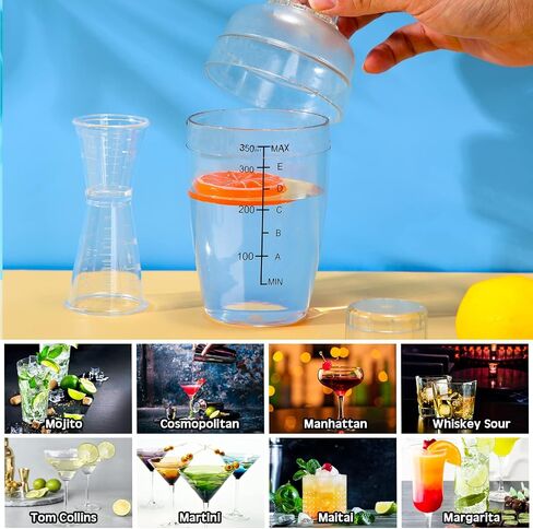 7 Pcs Plastic Cocktail Shaker Set Drink Mixer with Mark Clear Drink Cocktail Shaker and Measuring Jigger Set Ounce Cup Clear for Bar Party Home Use Wine Bar(11.8oz) in Saudi Arabia