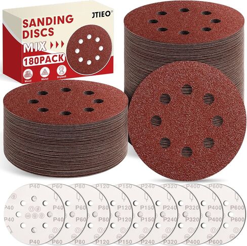 JTIEO 5 Inch Sanding Discs – 180 PCS Sandpaper Assortment for Orbital Sander Pads, Hook & Loop Sanding Pads, Round Sanding Disc Set for Random Orbital Sanders in Kuwait