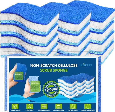 إسفنج اللب الأزرق الخشبي 12pack غير السليلوز غير السليلوز ، إسفنجة غسل الصحون ثنائية الجانب للمطبخ in Saudi Arabia