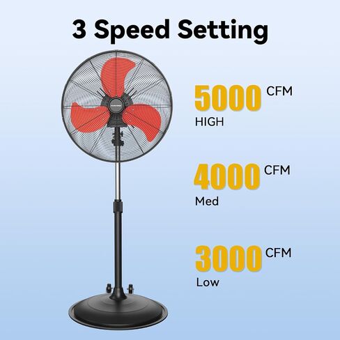 20 Inch Oscillating Pedestal Fan Pro Series, 3 Speed 5000 CFM High Velocity Metal Standing Fan with Caster, Heavy Duty Industrial Fans for Commercial, Warehouse, Garage - UL Safety Listed in Saudi Arabia