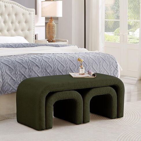 GDFStudio Teddy Long Bed Bench Set of 3 U-Shaped Modern End of Bed Ottoman Bench with Sherpa Fabric Rectangular Window Bench Foot Rest Stool Bolster Bench for Bedroom Entryway Living Room, Black in Kuwait