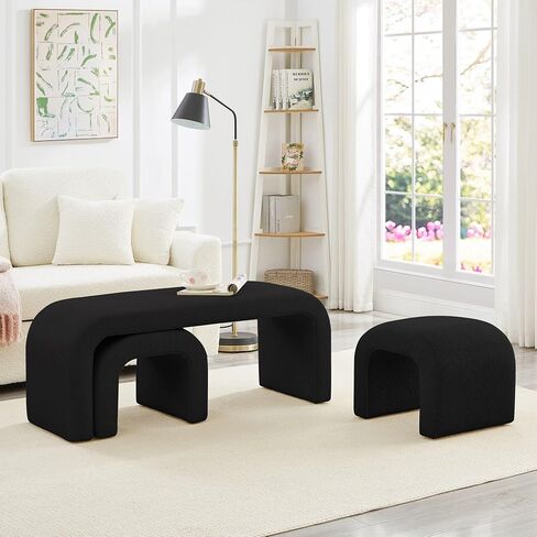 GDFStudio Teddy Long Bed Bench Set of 3 U-Shaped Modern End of Bed Ottoman Bench with Sherpa Fabric Rectangular Window Bench Foot Rest Stool Bolster Bench for Bedroom Entryway Living Room, Black in Kuwait