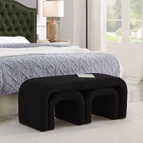 GDFStudio Teddy Long Bed Bench Set of 3 U-Shaped Modern End of Bed Ottoman Bench with Sherpa Fabric Rectangular Window Bench Foot Rest Stool Bolster Bench for Bedroom Entryway Living Room, Black in Kuwait