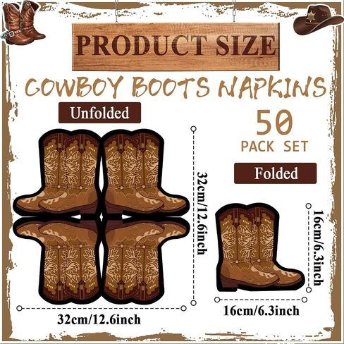 50 PCS Cowboy Boot Napkins - زخارف الحفلات الغربية ، وايلد كاورز رعاة البقر المناديل على شكل دش الطفل ، روديو ، غداء عيد الميلاد ، ديكور مائدة عشاء ، لحزب لصالح in Saudi Arabia