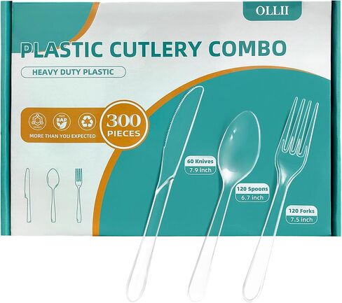 Plastic Silverware 300 Count Heavy Duty Disposable Clear Cutlery Set 120 Forks 120 Spoons 60 Knives for Parties Picnics Wedding Events Gatherings Daily in Saudi Arabia