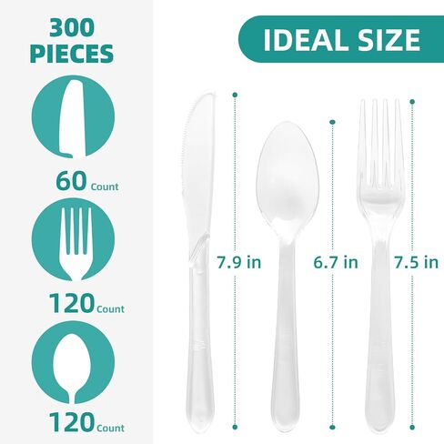 Plastic Silverware 300 Count Heavy Duty Disposable Clear Cutlery Set 120 Forks 120 Spoons 60 Knives for Parties Picnics Wedding Events Gatherings Daily in Saudi Arabia