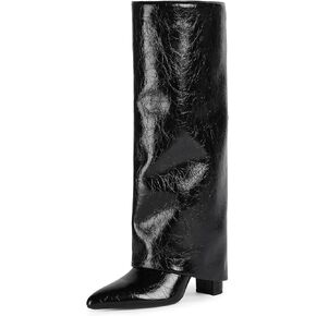 Knee High Boots Women Fold Over Boots Chunky Heel Pointed Toe Tall Boots | Fashion Slouchy Boots,Side Zipper Shark Boots,Fall Spring Winter Fashion Dress Tall Boots,Evening Bridal office Long Boots in Saudi Arabia