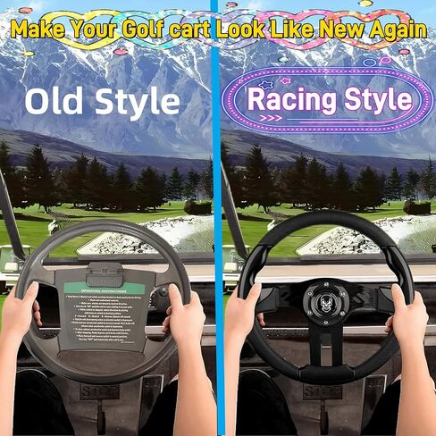 Golf Cart Steering Wheel (2025 Upgrade) Universal Design Fit EZGO TXT&RXV,Club Car DS&Precedent,Yamaha G1-G29 Golf Carts,Premium Grip Leather/Ergonomic Design/Non-Slip(Black-Skull/Sport) in Kuwait