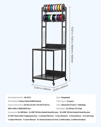 VEVOR 3D Printer Filament Storage Rack, 4-Tier 3D Printer Stand with Filament Storage, Spools Holder Racks Cart with Wheels, Filaments Organzied for 3D Printing Station, Office, Workshop (Shelf Only) in Saudi Arabia