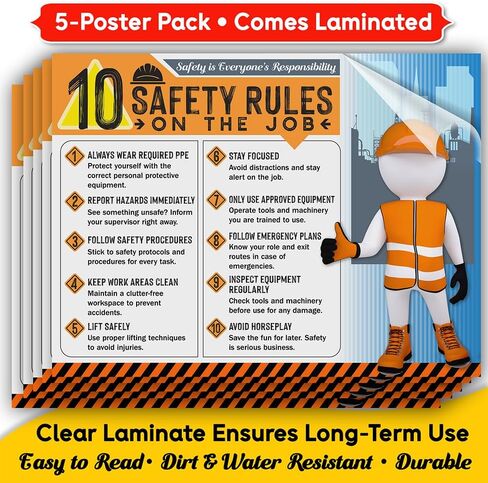 10 Safety Rules on the Job Poster 2025 – 18x24 Durable Laminated Business Safety First Poster Sign, Tear-Resistant, Waterproof Workplace Safety & Industrial Safety Poster for Construction (Pack of 1) in Saudi Arabia