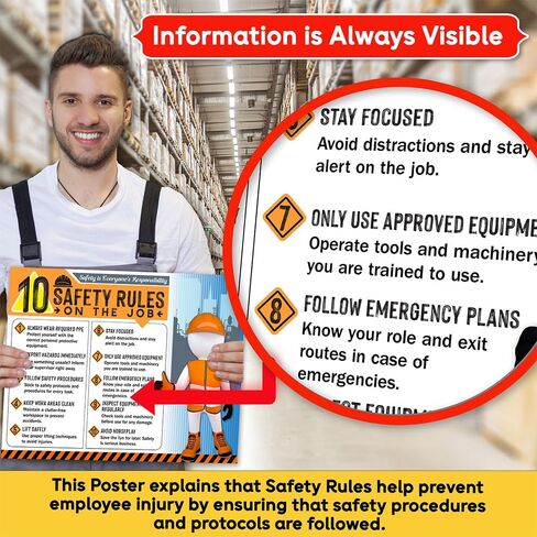 10 Safety Rules on the Job Poster 2025 – 18x24 Durable Laminated Business Safety First Poster Sign, Tear-Resistant, Waterproof Workplace Safety & Industrial Safety Poster for Construction (Pack of 1) in Saudi Arabia