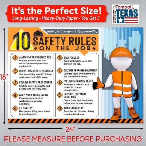 10 Safety Rules on the Job Poster 2025 – 18x24 Durable Laminated Business Safety First Poster Sign, Tear-Resistant, Waterproof Workplace Safety & Industrial Safety Poster for Construction (Pack of 1) in Saudi Arabia