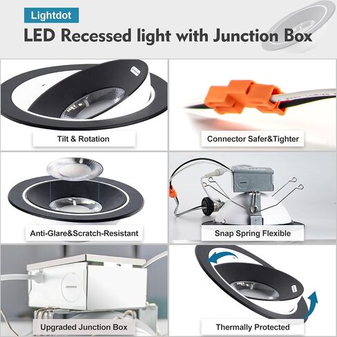 Lightdot 6 بوصة ثنائي المحور Gimbal راحة الإسكان | 36 درجة التركيز الشعاع الضيق | 360 درجة الدوران و 90 درجة تعديل ميل | CRI> 90 3000K/4000K/5000K يمكن اختياره | IC تصنيفها مع صندوق الوصلات | الذهب (6 عبوة) in Saudi Arabia