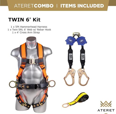Palmer Safety Twin 6 'Kit I 5pt Hammerhead Harness ، شريان الحياة المزدوج ذاتيًا ، 4 بوصات سوار ARM ISHA/ANSI Fall Kit (Hi -Vis Orange - LG) ، كبير in Kuwait