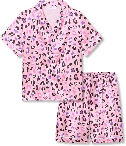 Tebbis Girls Satin Pajamas Set, 2-Piece Short Sleeve Button-Down PJs Cute Printed Silky Sleepwear for Kids Size 6-16 in Kuwait