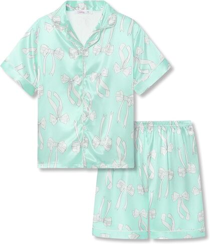 Tebbis Satin Pajamas for Girls-Cute Pink Silky Short-Sleeved Set with Adorable Puppy Prints Size 6/7-16 in Saudi Arabia