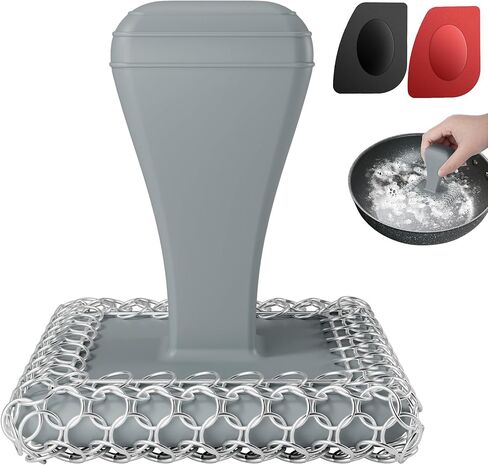 TOPULORS Cast Iron Scrubber Cleaner & 316L Stainless Steel Chainmail Scrubber with 2 Scrapers, Ergonomic Silicone Handle Brush for Pans Skillets Grills Dishes Cleaning - Non-Scratch Rust-proof - Black in Saudi Arabia