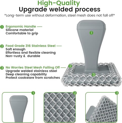 TOPULORS Cast Iron Scrubber Cleaner & 316L Stainless Steel Chainmail Scrubber with 2 Scrapers, Ergonomic Silicone Handle Brush for Pans Skillets Grills Dishes Cleaning - Non-Scratch Rust-proof - Black in Saudi Arabia