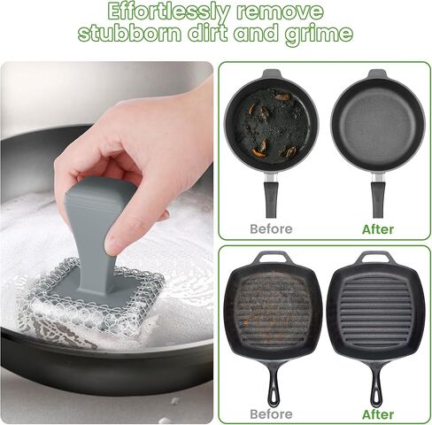 TOPULORS Cast Iron Scrubber Cleaner & 316L Stainless Steel Chainmail Scrubber with 2 Scrapers, Ergonomic Silicone Handle Brush for Pans Skillets Grills Dishes Cleaning - Non-Scratch Rust-proof - Black in Saudi Arabia