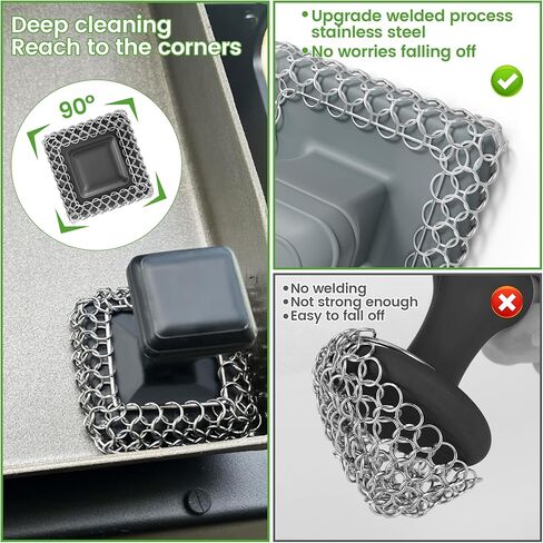 TOPULORS Cast Iron Scrubber Cleaner & 316L Stainless Steel Chainmail Scrubber with 2 Scrapers, Ergonomic Silicone Handle Brush for Pans Skillets Grills Dishes Cleaning - Non-Scratch Rust-proof - Black in Saudi Arabia