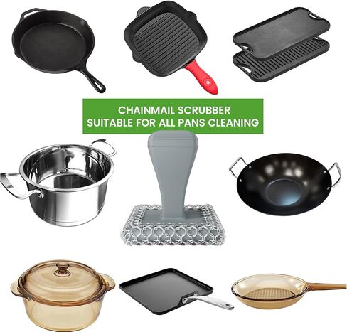 TOPULORS Cast Iron Scrubber Cleaner & 316L Stainless Steel Chainmail Scrubber with 2 Scrapers, Ergonomic Silicone Handle Brush for Pans Skillets Grills Dishes Cleaning - Non-Scratch Rust-proof - Black in Saudi Arabia