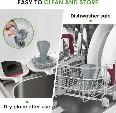 TOPULORS Cast Iron Scrubber Cleaner & 316L Stainless Steel Chainmail Scrubber with 2 Scrapers, Ergonomic Silicone Handle Brush for Pans Skillets Grills Dishes Cleaning - Non-Scratch Rust-proof - Black in Saudi Arabia