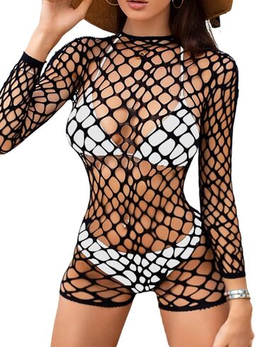 Sexy Fishnet Swimsuit Coverup For Women, Hollow Out Backless Long Sleeve Romper Bathing Suit, One Piece Beach Outfits in Saudi Arabia