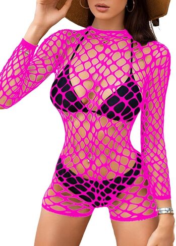Sexy Fishnet Swimsuit Coverup For Women, Hollow Out Backless Long Sleeve Romper Bathing Suit, One Piece Beach Outfits in Saudi Arabia