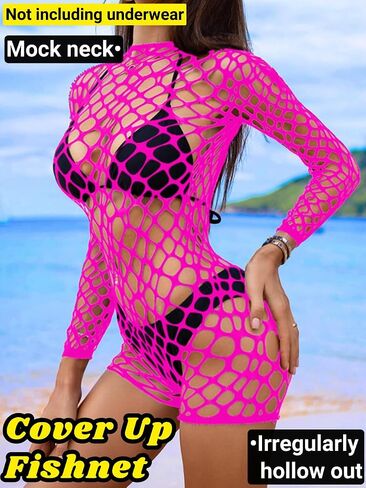 Sexy Fishnet Swimsuit Coverup For Women, Hollow Out Backless Long Sleeve Romper Bathing Suit, One Piece Beach Outfits in Saudi Arabia