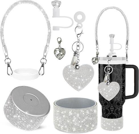 6PCS Diamond Glitter Stanley Cup Accessories Set 30&40 Oz, Includes 1 Diamond Silicone Boot, 1 Diamond Handle Strap, 1 Straw Covers,1 Straw Adapters Charm Blank with 2 Glitter Charms in Saudi Arabia