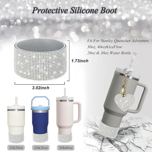 6PCS Diamond Glitter Stanley Cup Accessories Set 30&40 Oz, Includes 1 Diamond Silicone Boot, 1 Diamond Handle Strap, 1 Straw Covers,1 Straw Adapters Charm Blank with 2 Glitter Charms in Saudi Arabia
