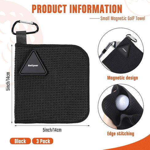 Batiyeer 3 Pack Small Magnetic Golf Towels Gift for Men 5.5 x 5.5 Inch Microfiber Waffle Material with Clip Pocket Golf Towel with Magnet for Carts Fall Camping Club Men Women(Black) in Saudi Arabia