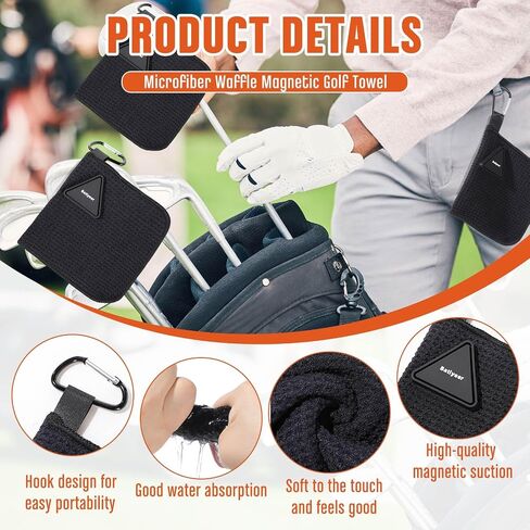 Batiyeer 3 Pack Small Magnetic Golf Towels Gift for Men 5.5 x 5.5 Inch Microfiber Waffle Material with Clip Pocket Golf Towel with Magnet for Carts Fall Camping Club Men Women(Black) in Saudi Arabia