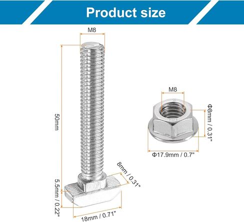 uxcell 8Pcs t Slot Drop-in Bolt, M8 x 50mm T-Slot Bolts Carbon Steel t Shape Stud Sliding Screw Hammer Head T-Bolt for Standard 4040 Series Aluminum Profile in Saudi Arabia