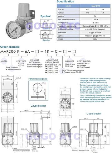 Air Pressure Regulator Type Pneumatic Tubular Regulator 1/8 1/4 MAR200-6/8A-10/4/2K Pressure Gauge and A Bracket(MAR200-6-2bar) in Saudi Arabia