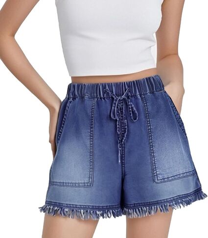 Womens Jean Shorts, Elastic Waist Drawstring Comfy Frayed Raw Hem, Casual Baggy Trendy Denim Shorts in Saudi Arabia