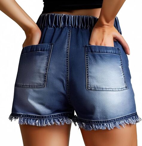 Womens Jean Shorts, Elastic Waist Drawstring Comfy Frayed Raw Hem, Casual Baggy Trendy Denim Shorts in Saudi Arabia