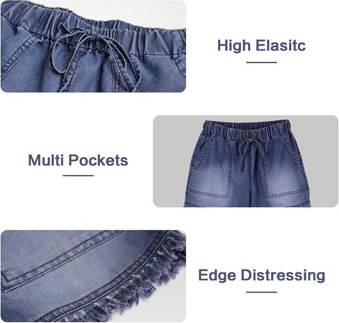 Womens Jean Shorts, Elastic Waist Drawstring Comfy Frayed Raw Hem, Casual Baggy Trendy Denim Shorts in Saudi Arabia