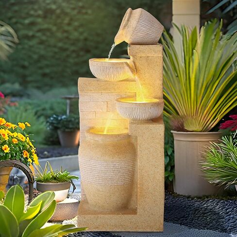 4-Tier Outdoor Indoor Water Feature Fountain, 32" H Indoor Cascading Waterfall with 3 LED Lights, Floor Standing Garden Fountain for Garden, Deck, Backyard, Patio, Yard (Grey) in Saudi Arabia