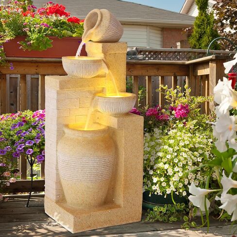 4-Tier Outdoor Indoor Water Feature Fountain, 32" H Indoor Cascading Waterfall with 3 LED Lights, Floor Standing Garden Fountain for Garden, Deck, Backyard, Patio, Yard (Grey) in Saudi Arabia