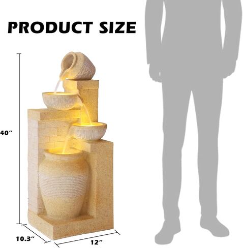 4-Tier Outdoor Indoor Water Feature Fountain, 32" H Indoor Cascading Waterfall with 3 LED Lights, Floor Standing Garden Fountain for Garden, Deck, Backyard, Patio, Yard (Grey) in Saudi Arabia