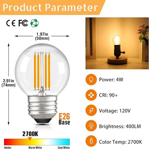 LED Dimmable LED G16.5 المصباح الكهربائي 40W متساوي 4W ، مصابيح كهربائية صغيرة مستديرة الكرة الأرضية قصيرة المصابيح الكهربائية للثريا ، المصباح ، الغرور الحمام ، الشمعدان ، أبيض دافئ 2700 كيلو متر ، حزمة من 2 in Kuwait