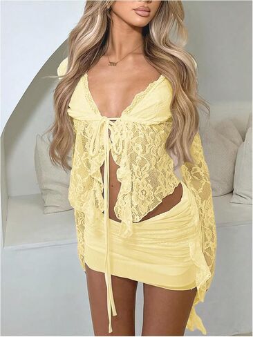Gorglitter Women's Lace Tie Tops Tops Mesh Ruffle Bow Long Longe See من خلال قميص بلوزة Dary Casual 2025 in Kuwait