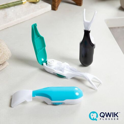 QWIK Automatic Dental Flosser | Click-to-Use, Reusable & Refillable | Pre-Loaded Floss with Travel Cover | Easy Flossing for Plaque Removal, Clean Teeth & Fresh Breath (Dark Blue) in Saudi Arabia