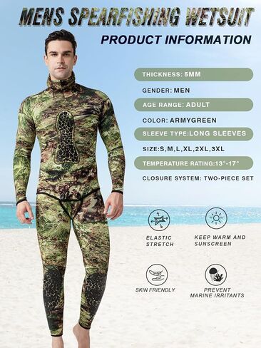 FLEXEL Men Spearfishing Premium Camouflage 3mm 5mm CR Neoprene Wetsuit Scuba Diving Suit Hoodie Snorkeling Suits 2 Piece in Kuwait