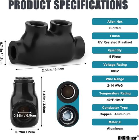 2 Port Insulated Multi Tap Connector, 4-14 AWG, Aluminum to Copper Wire Connectors, Single Side Entry Aluminum Wire Connectors, 5/32" Slotted Allen Hex (5 Pack) in Saudi Arabia