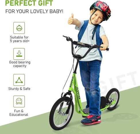 Aosom Youth Scooter, Teens Kick Scooter, Adjustable Handlebar Ride On Toy for 5+ with 16" Front and 12" Rear Dual Brakes Inflatable Wheels in Saudi Arabia